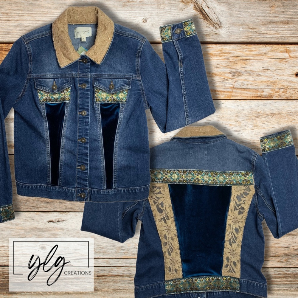 Boho Luxe Denim Jacket Trucker Velvet Lace Gold Tapestry Hippie Glam Artsy Chic